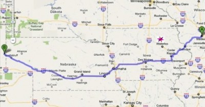 Map from Madison, WI, to Torrington, WY
