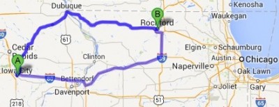 This Google map shows two different routes from Iowa City, Iowa, to Rockford, Ill., where Frances Bloomfield's body was found.