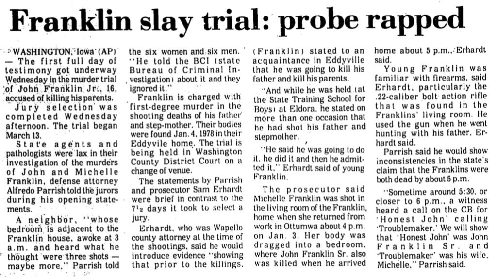 Newspaper clipping on the Franklin trial
