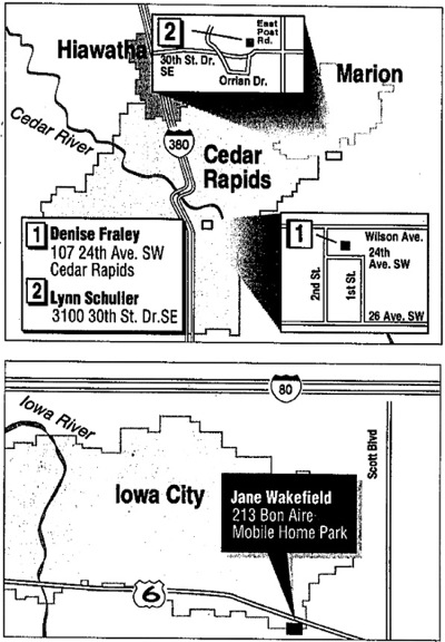 Gazette map showing Wakefield, Schuller, Fraley disappearances
