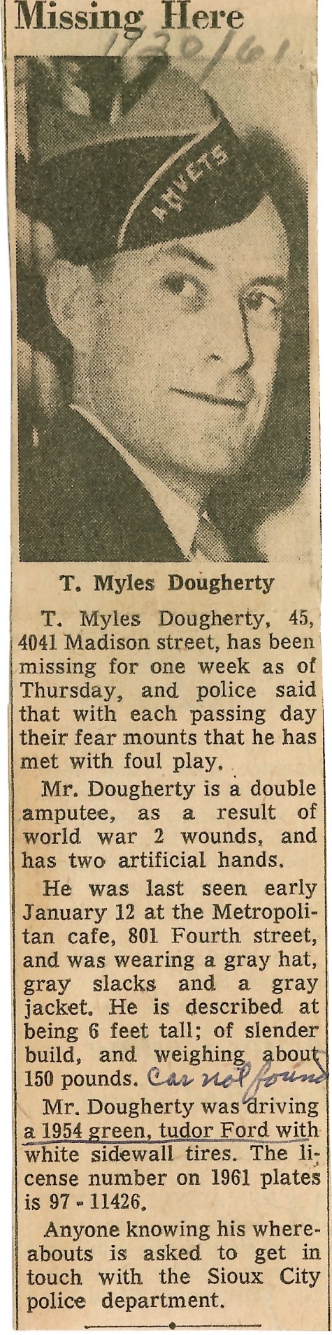 Sioux City Journal news story on Myles Dougherty, Jan. 20, 1961