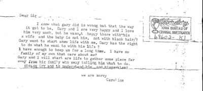 This typewritten letter, allegedly written by a "Caroline," was later proven by BCI officials to have been written on Victor K. Moyer's typewriter.